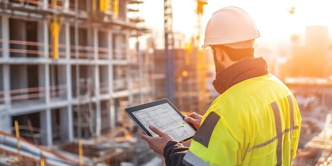 Sticker - This software help me to keep track of everything. Shot of a engineer using a digital tablet on a construction site. 