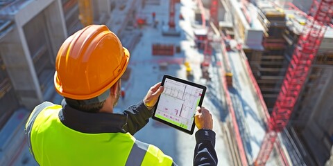 Poster - this software help me to keep track of everything. shot of a engineer using a digital tablet on a co