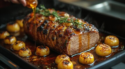 Wall Mural - A succulent roast with caramelized onions and herbs, ready to serve.