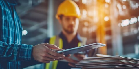 Poster - teamwork, architecture and tablet with people on construction site for planning, building and projec