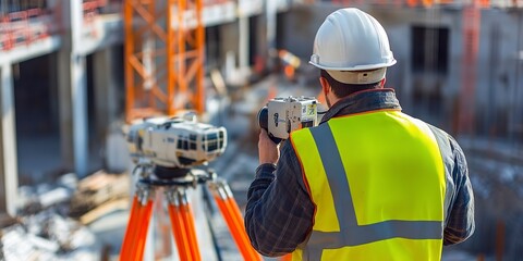 Poster - surveying and inspecting by a civil engineer examining the construction site