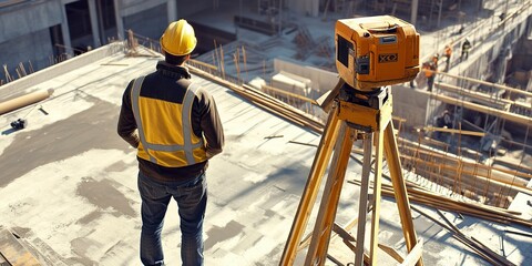 Poster - surveying and inspecting by a civil engineer examining the construction site