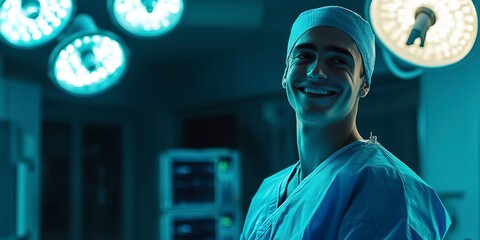 Aufkleber - Surgeon man with blue medical uniform smiling in operating room. 