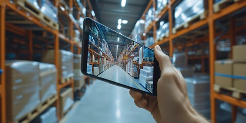 Sticker - Smart warehouse management system using augmented reality technology to identify package picking and delivery . Future concept of supply chain and logistic business 