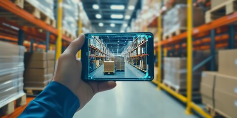 Smart warehouse management system using augmented reality technology to identify package picking and delivery . Future concept of supply chain and logistic business