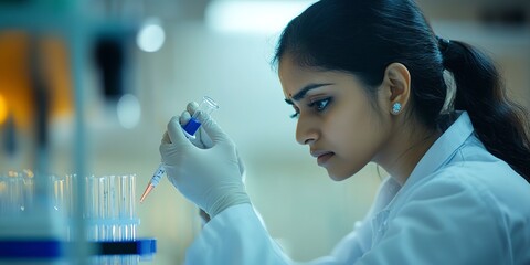 Poster - Side View Of An Indian Female Scientist Using A Micro Pipette In A Test Tube For Test Analysis In A Laboratory