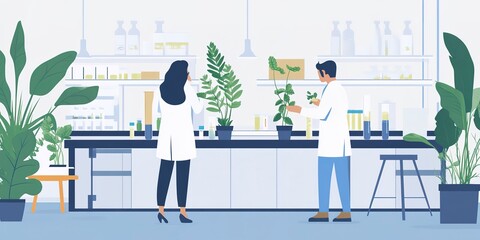 Poster - Scientists conducting experiments on plants in a lab, focusing on plant growth and biotechnology in a controlled environment. 