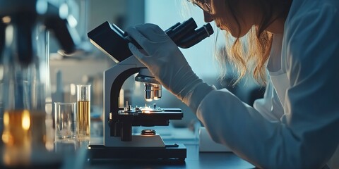 Poster - Scientist working with microscope in laboratory, closeup. Science, chemistry, biology, medicine and people concept