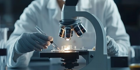 Poster - Scientist working with microscope in laboratory, closeup. Science, chemistry, biology, medicine and people concept 