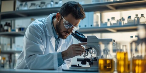 Poster - Scientist doing biochemical research with microscope to develop vaccine in pharmaceutical research laboratories 