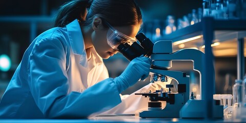 Wall Mural - Scientist doing biochemical research with microscope to develop vaccine in pharmaceutical research laboratories