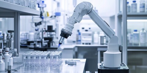 Poster - Robot arm performing precision tasks in a pharmaceutical lab technology in medicine