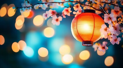 Cherry Blossom Tree with Japanese Lantern in Bokeh Background