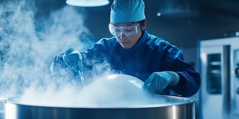 Poster - Revolutionizing the fertility field of cryofreezing and cryosleep, scientist enters liquid nitrogen cryogenic storage, innovation in biotechnology