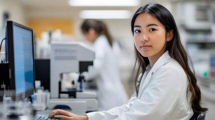Poster - Young woman in a lab coat working at a computer in a laboratory