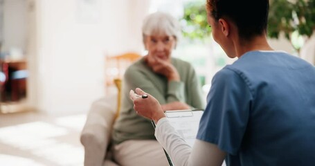 Poster - Senior woman, caregiver and talking with clipboard for medical consultation, assessment and medicine plan. Elderly, patient and nurse with document for health questions, surgery schedule and house