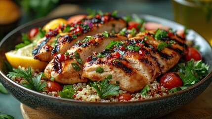 Wall Mural - Grilled chicken served with quinoa, cherry tomatoes, and herbs.