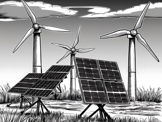 Handdrawn sketch of solar panels and wind turbines representing alternative energy sources in a vector illustration design (21)