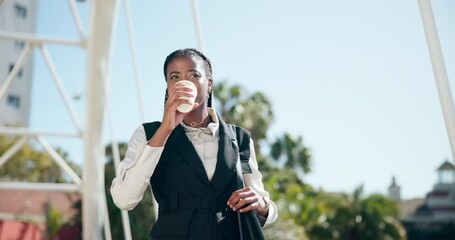 Poster - Black business woman, check time and walk in street with smile with coffee, schedule and start morning. Person, thinking and drink on bridge, sidewalk and sunshine in city, metro and happy in Kenya