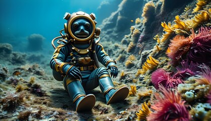 Water bear explorer in wetsuit navigating the abyss with a micro submarine, surrounded by vibrant sea life and deep ocean wonders