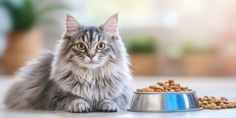 Wall Mural - Hungry Cat with Empty Bowl Waiting for Food – Adorable Pet Photography and Feeding Time Concept for Cat Lovers