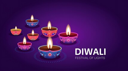 colorful diya lamps on purple background with Diwali festival of lights with copy space created with generative ai.	