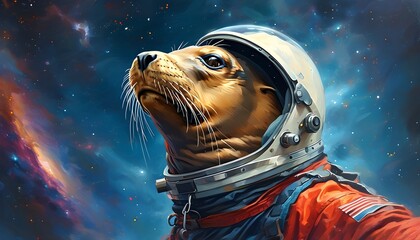 Wall Mural - Cosmic Sea Lion in Space Helmet Gazes in Awe at the Infinite Universe