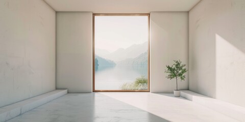 Wall Mural - Modern residence with an empty area showcasing a window overlooking a tranquil body of water.