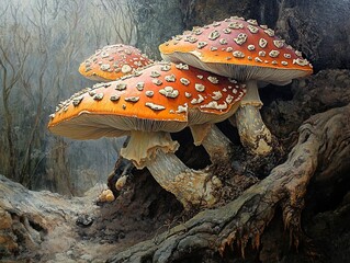 Wall Mural - Red and White Mushrooms in a Forest Setting