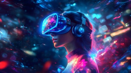 Woman Immersed in Virtual Reality with Neon Lights