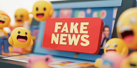 3D illustration of ads coming out of computer screen and emojis. The ad says Fake news