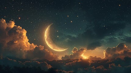 Poster - Crescent Moon and Starry Night Sky