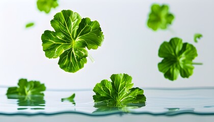 Serene Display of Vibrant Watercress Leaves Floating Gracefully on a Crisp White Backdrop