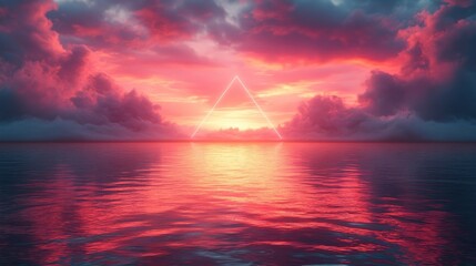 render abstract backgroun with pink clou levitates inside glowing triangular neon frame with reflection in the water minimal futuristic seascape