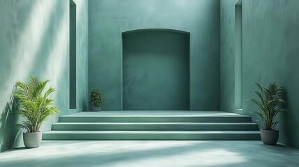 Leinwandbilder - render abstract fresh green geometric backgroun modern minimal concept square isometric frame with copy space empty shelves for product display commercial showcase podium or pedestal