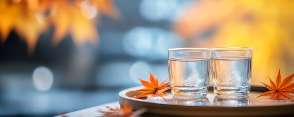Wall Mural - Two Glasses of Water with Autumn Leaves