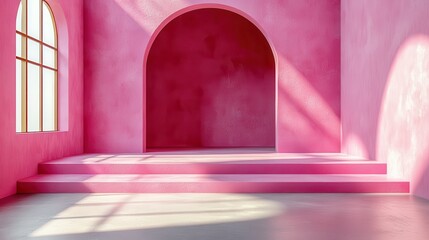Leinwandbilder - render abstract minimal modern pink backgroun arch room empty cylinder fashion podium vacant pedestal roun stage showcase stan blank product display platform copy space premium design
