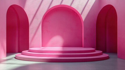 Leinwandbilder - render abstract minimal modern pink backgroun arch room empty cylinder fashion podium vacant pedestal roun stage showcase stan blank product display platform copy space premium design