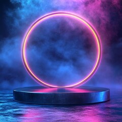 Wall Mural - A Glowing Neon Ring Hovering Above a Dark Platform