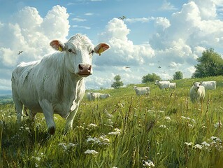 Sticker - White Cows Grazing in a Lush Green Meadow