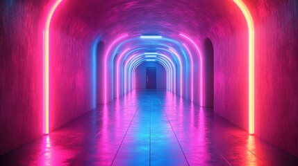 Leinwandbilder - render abstract neon backgroun pink blue vivi light ultraviolet rectangular geometric shape glowing line window open door gate portal room entrance arch modern minimal concept