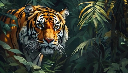 Majestic tiger emerging through vibrant jungle foliage, embodying strength and stealth in the heart of natures beauty