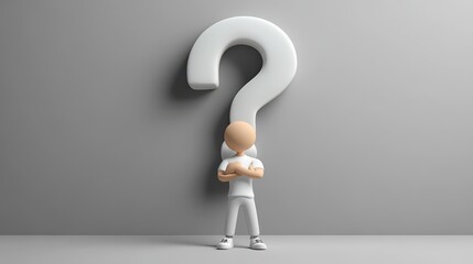 Wall Mural - render man cartoon character thinking searching the answer standing near the big question mark conference speaker unknown informational concept clip art isolate on white background