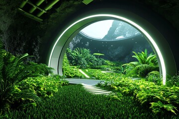 underground bio-dome, with artificial sunlight, lush greenery, and futuristic technology supporting 