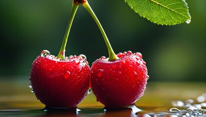 Vibrant Red Cherry Glistening with Water Droplets, Emphasizing Freshness, Purity, and the Essence of Summer in Nature