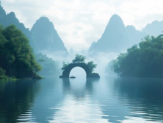 Poster - Misty Mountain Lake with Natural Arch - Tranquil Landscape Photography