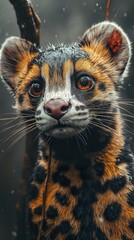 Sticker - Close-Up Portrait of a Spotted Feline in the Rain