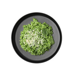 Wall Mural - Delicious spinach risotto with parmesan cheese isolated on white, top view