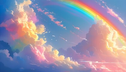 whimsical pastel rainbow clouds in an abstract sky with a soft gradient for a vibrant and playful cartoon-inspired design