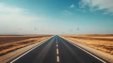 A straight road cuts through vast open fields with wind turbines on either side, symbolizing renewable energy and modern infrastructure under a clear blue sky.